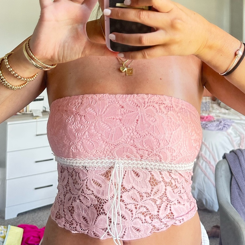 Pink Lace Strapless Top